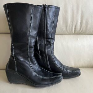 Black Leather Wedge Heel Boots Size 37